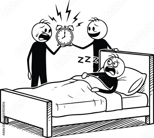 Two Stick Figures Waking Up A Sleeping Stick Figure With Alarm Clock wake up ringing