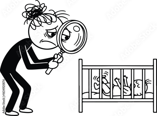 Worried stick figure examining babies in crib with magnifying glass vector illustration