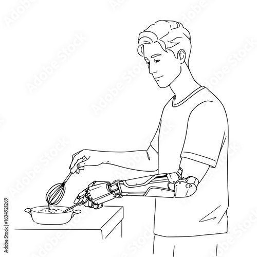 Young man with robotic arm cooking in kitchen, line drawing style, isolated vector image on transparent background
  