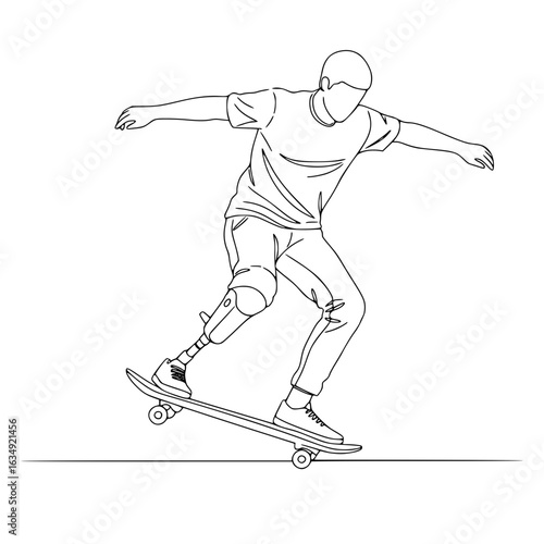 Young man skateboarding on prosthetic leg in line drawing style, isolated vector image on transparent background
  