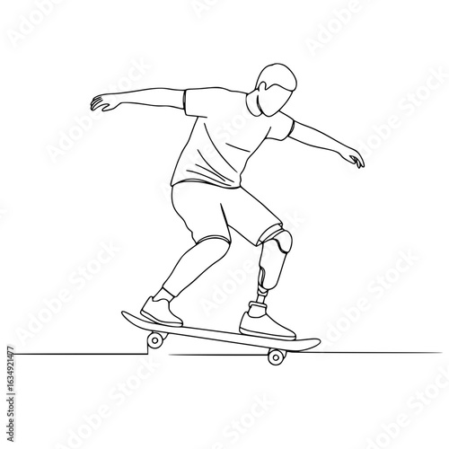 Young man skateboarding on a ramp with a prosthetic leg - Concept of isolated vector image in line drawing style on transparent background  