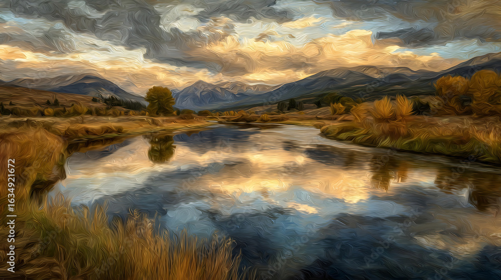 Obraz premium Golden hour river reflecting dramatic clouds and distant mountains reflection