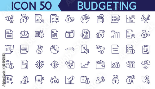 Simple line style showcases fifty budget related icons for financial planning, Budget Planner, Monthly Budget, Budget Sheet, Budget Calculator, Budget Chart.