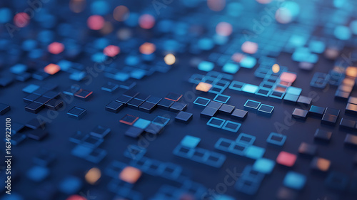 Abstract digital grid of squares in blue, pink, and orange.
