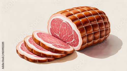 Sliced, cured ham, a whole, glazed, and butchered.
