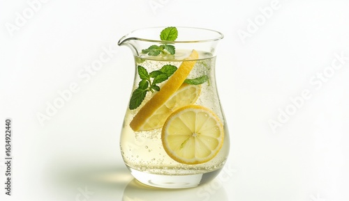 Refreshing lemon drink, cheerful mood, served in glass jar, white background with copy space