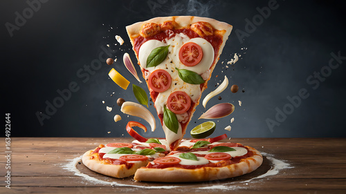 Pizza slice with ingredients flying, a delicious food art.
