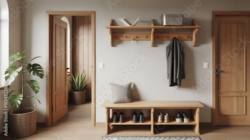 Simple wooden entryway with coat rack and bench.
