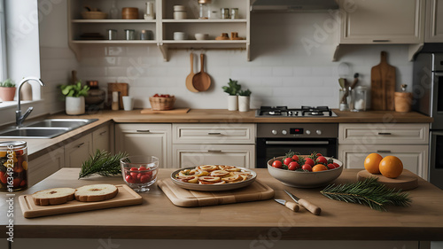 Cozy kitchen, wooden accents, delicious treats on counter.
