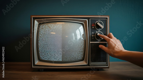 A hand adjusts the volume on a vintage television.
