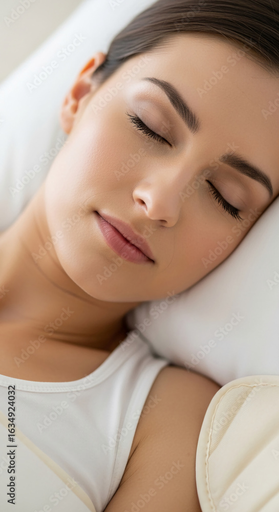 Close-up of a young woman sleeping peacefully, eyes closed, face relaxed, showcasing serenity and tranquility, ideal for relaxation or wellness concepts Close-up of a young woman sleeping peacefully, eyes closed, face relaxed, showcasing serenity and tranquility, ideal for relaxation or wellness concepts