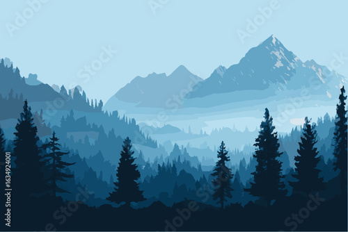 Misty mountains rise above deep forest, creating serene, tranquil atmosphere