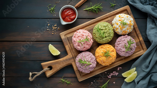 Colorful food balls arranged on a wooden board.
