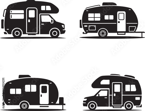 Four RV Camper Silhouettes in Different Styles caravan