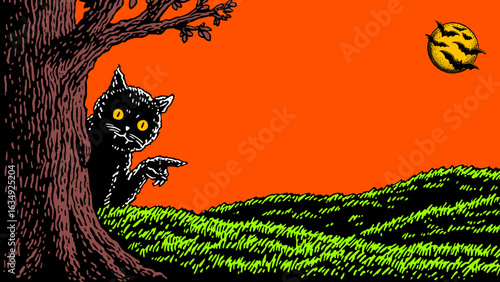 black cat hides behind a tree against an orange sky with a striped moon evoking a Halloween or spooky mood