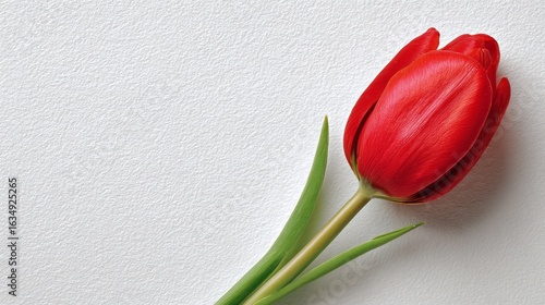 A single red tulip, partially opened, stands against a textured white background. Green stem and leaves add contrast, conveying natural elegance and simplicity.