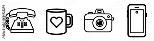 Line art of telephone, coffee mug, camera, and smartphone icons  