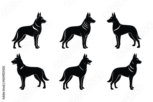 Black dog silhouettes in various poses white canine