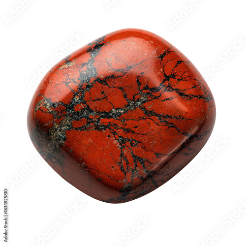 A polished red jasper gemstone with black veins, isolated on a transparent background, showcasing its natural beauty and unique pattern