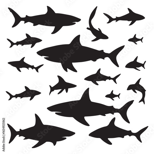 Shark Silhouettes Vector Set – Ocean Predator Icons for Marine Graphic Design


