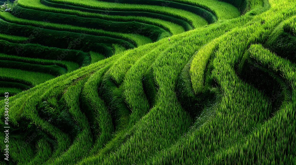 Fototapeta premium Lush green terraced rice fields in undulating patterns rice terraces agriculture