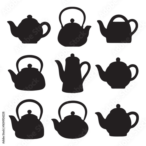 Teapot Silhouettes Vector Collection – Tea Kettle Icon Set for Kitchen Designs

