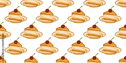 Seamless Cartoon Cake Slice Pattern. Cake slices with cream and cherry in cartoon flat style. Seamless dessert pattern on white background.