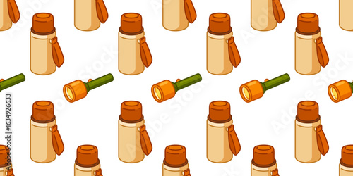Seamless Autumn Thermos Flashlight Pattern. Thermos bottles and flashlights in cartoon flat style. Seamless hiking pattern with camping equipment on white background.