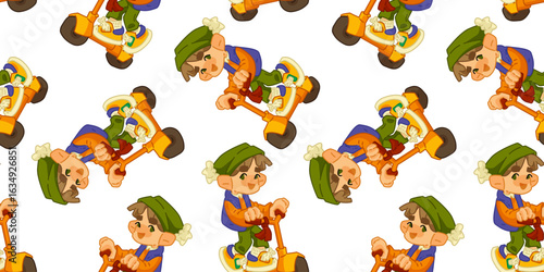 Seamless Autumn Boy Scooter Pattern. Fun cartoon pattern with a boy in seasonal clothes riding a scooter. Dynamic and playful repeat design on white background.
