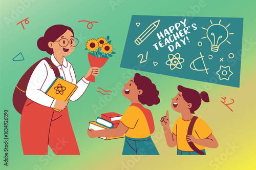 Children giving sunflowers and books to a teacher on Teachers Day student happy teachers day