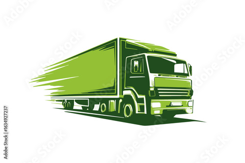 Dynamic green truck speeding along highway, showcasing motion and power