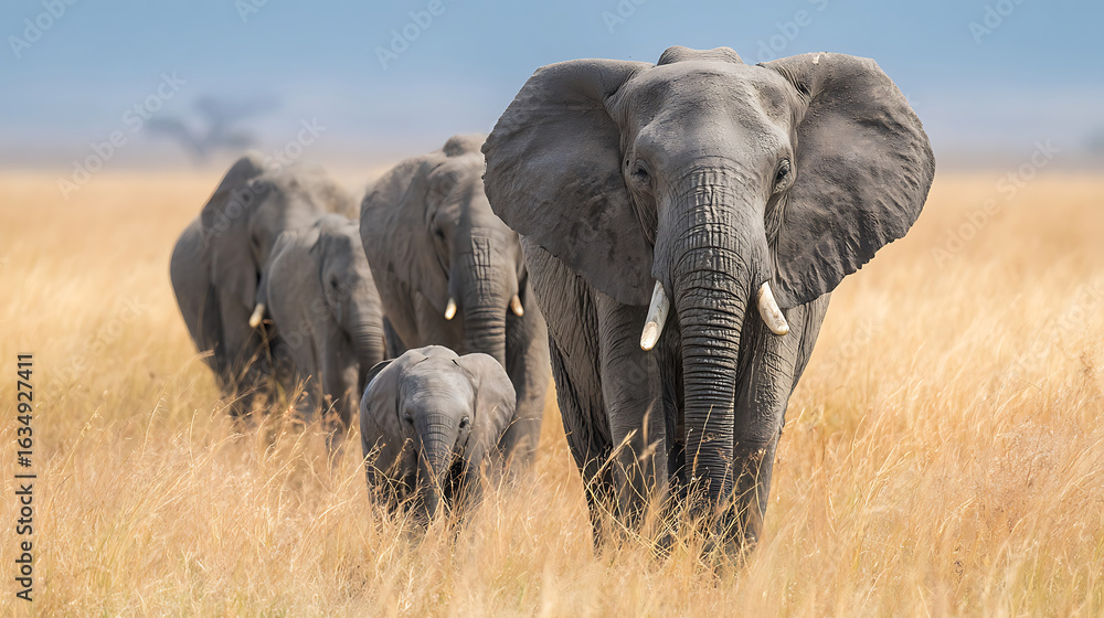 Fototapeta premium Majestic African elephants walking through golden savanna grasses under a clear blue sky herd grassland