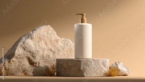 A white cylindrical pump bottle with a gold top sits on a light stone pedestal, flanked by larger rough-hewn stones against a muted beige background, creating a minimalist, natural product display