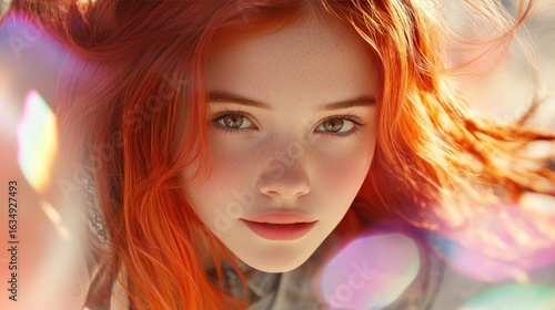 Portrait of a young woman with flowing red hair and bokeh effects beauty and lifestyle