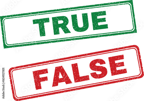 Two contrasting rubber stamps, one green with 'TRUE' and one red with 'FALSE', isolated on a  background.
