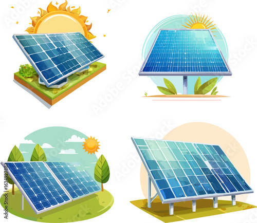 Set of solar panel illustrations for renewable green energy concept.