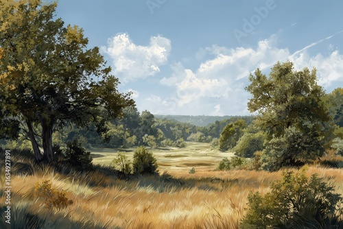 Beautiful landscape illustration of a field and forest in Ani at midday showcasing tranquil nature and scenic beauty