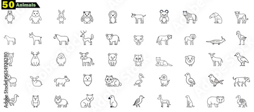 Collection of fifty simple black and white animal outline icons vector