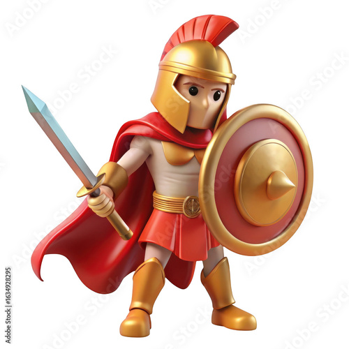 Cartoon spartan warrior character holding sword and shield isolated on transparent background