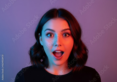 Expressive young woman's surprised face illuminated by dynamic dual-color light