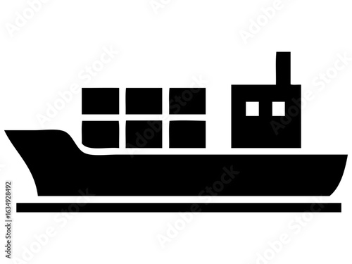 A minimalist black and white vector illustration of a cargo ship with stacked shipping containers on its deck. Ideal for use in logistics, transportation, or maritime-themed graphics.