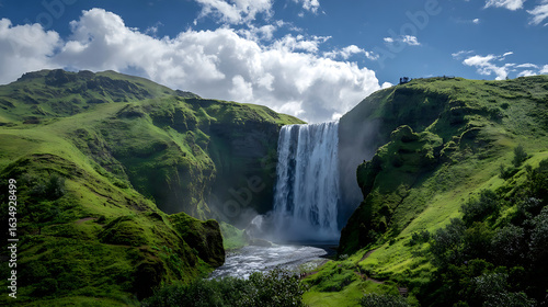 Majestic cascading waterfall surrounded by lush green mossy hills under a cloudy blue sky cascade