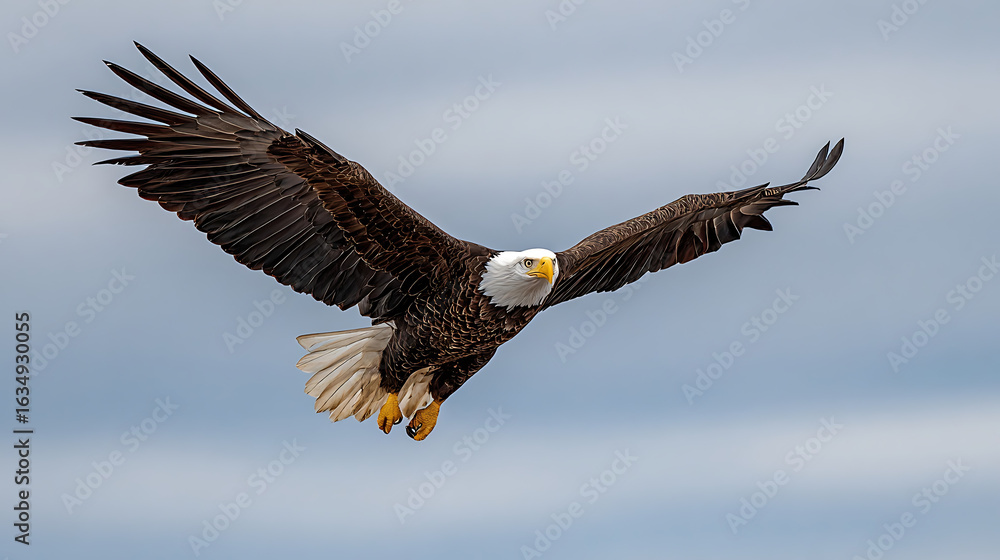 Fototapeta premium Majestic bald eagle soaring with wings spread wide against a pale sky bird of prey flying