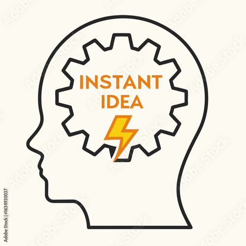 Instant idea symbol with lightning bolt inside a gear within a human head silhouette