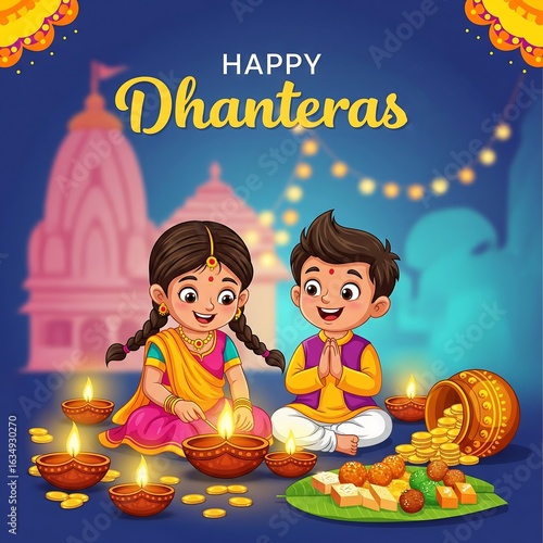 Happy dhanteras greetings with children and diyas