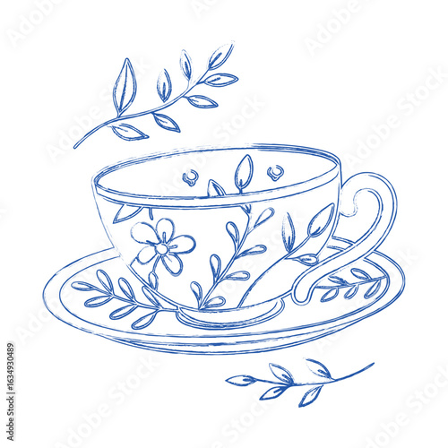 Vintage floral teacup illustration. Hand-drawn sketch for a tea party invitation, bridal shower, or cafe menu. Elegant high tea or kitchen-themed vector graphic.