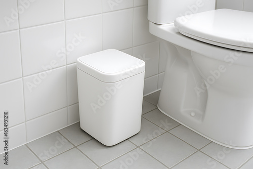 Empty white bathroom trash bin beside toilet on tiled floor