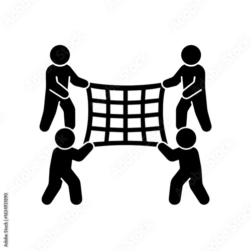 Four people holding rescue net icon in solid fill representing teamwork and safety support