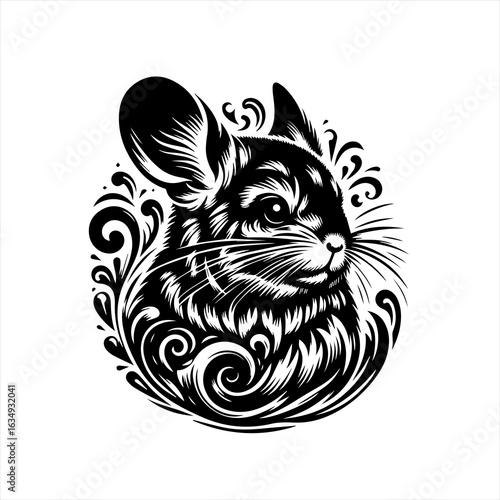 Artistic Black and White Chinchilla Head Illustration with Decorative Swirls.