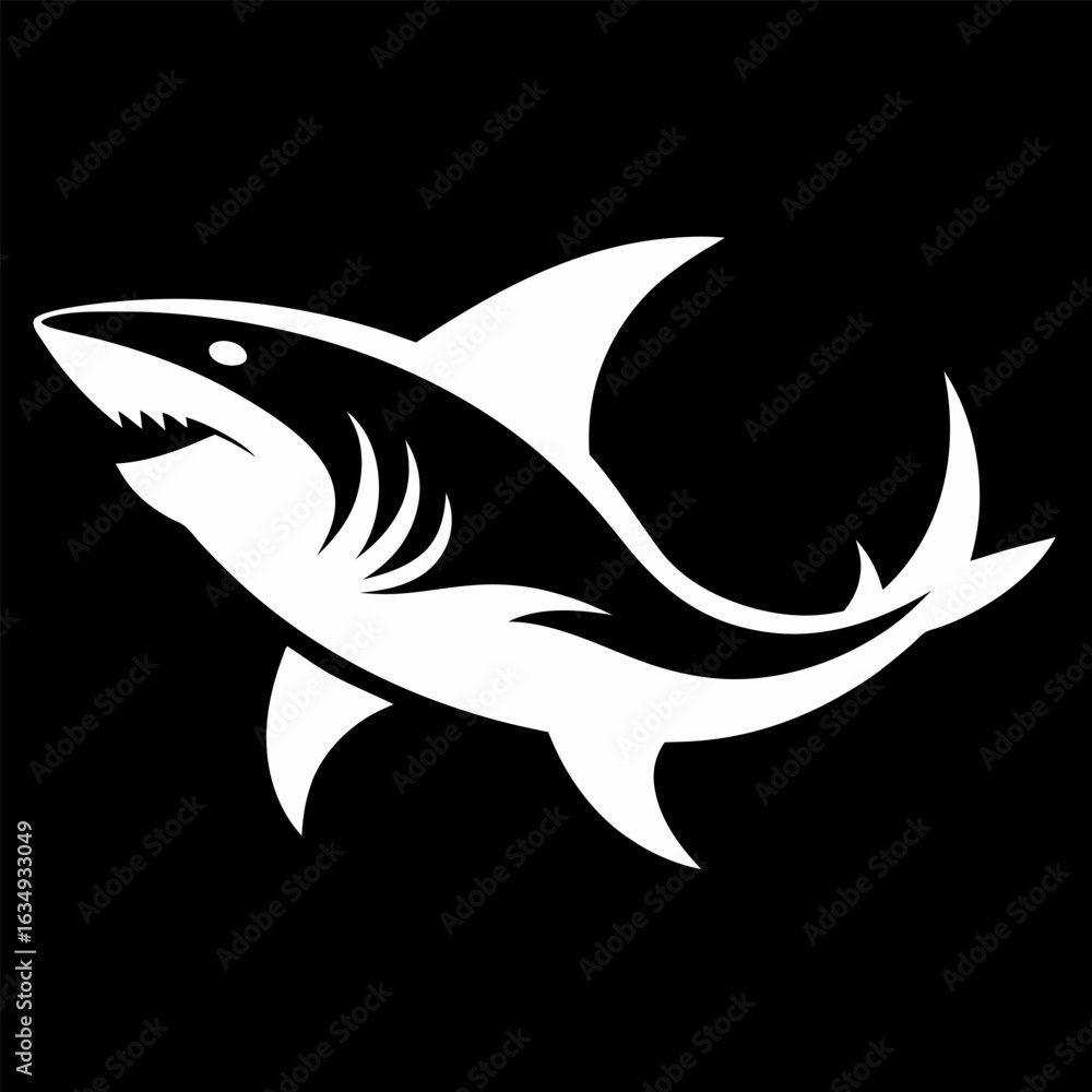 Fototapeta premium Shark silhouette icon. White logo shark isolated on black background. Vector illustration side view
